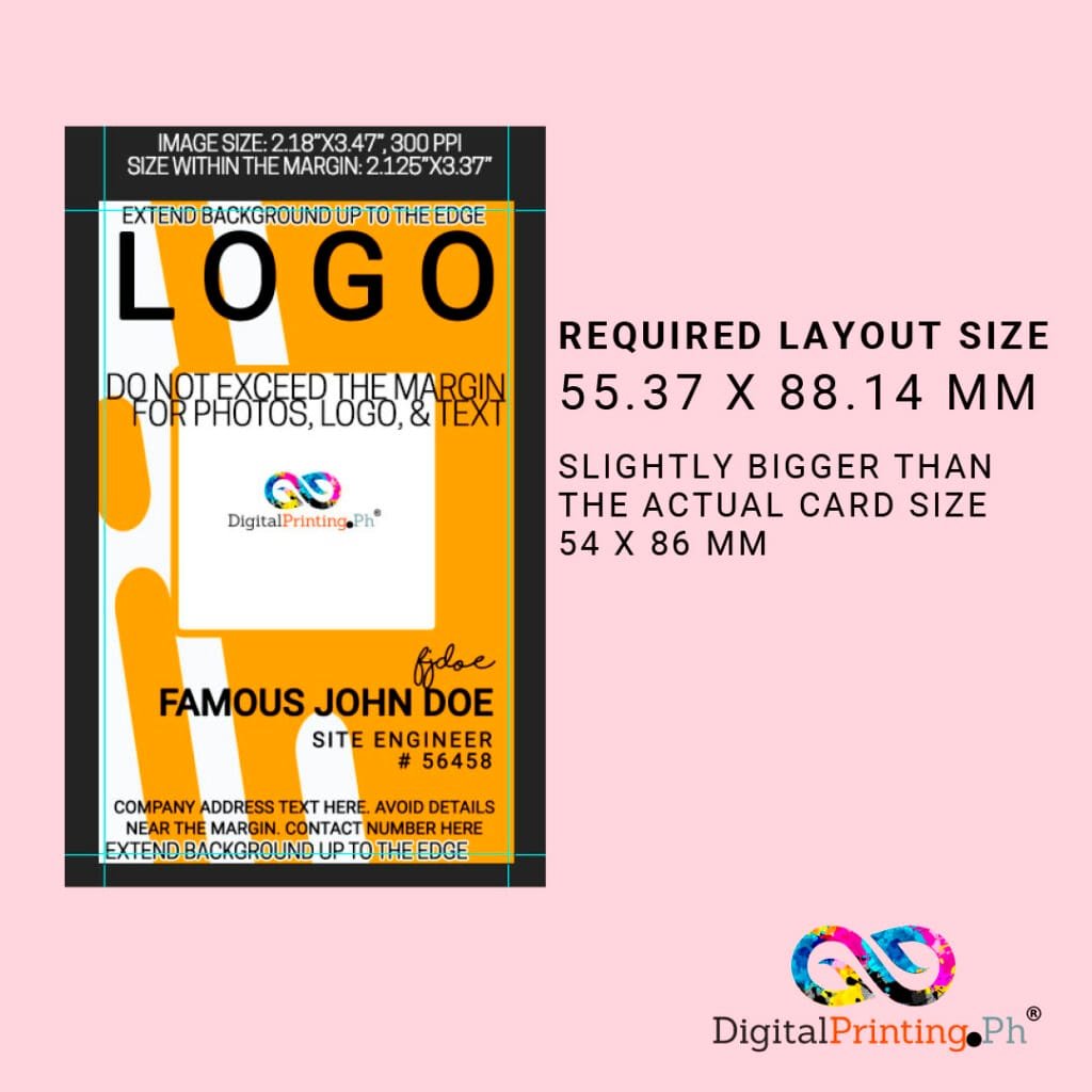 ID card printing layout showing required print size and bleed area for customized ID cards