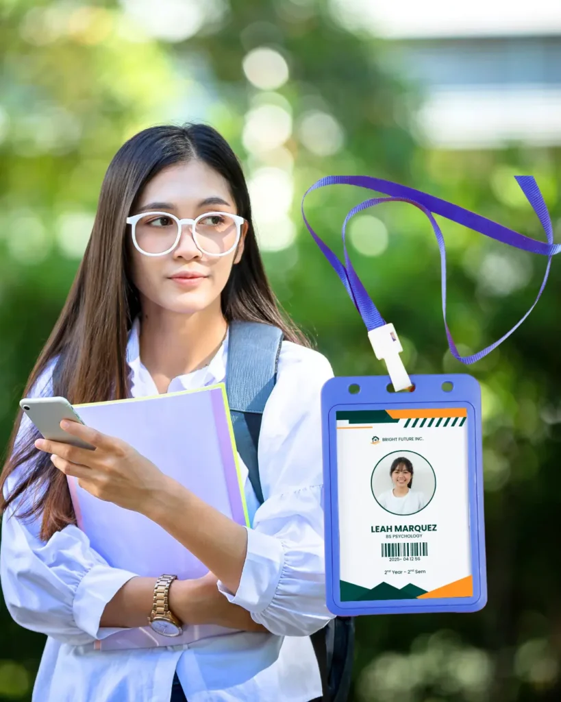 student holding personalized id card – id card printing with data entry