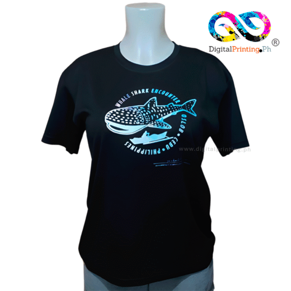 Black dri-fit shirt front view with full-color digital printing t-shirts featuring whale shark design