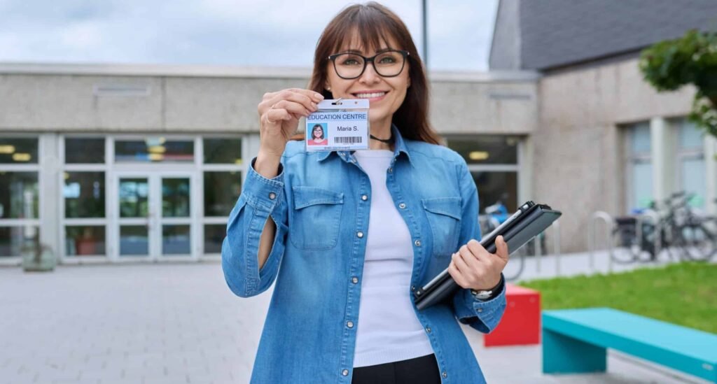 ID cards Printing Service – Woman Holding ID Card Outside School Building. Company ID Card | DigitalPrinting.Ph
