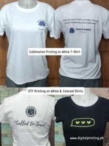 Mannequins showcasing white mesh dri-fit shirts with sublimation print and white & black CVC shirts with DTF print, comparing sublimation vs DTF printing.