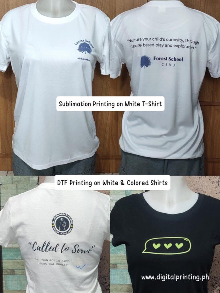 Mannequins showcasing white mesh dri-fit shirts with sublimation print and white & black CVC shirts with DTF print, comparing sublimation vs DTF printing.