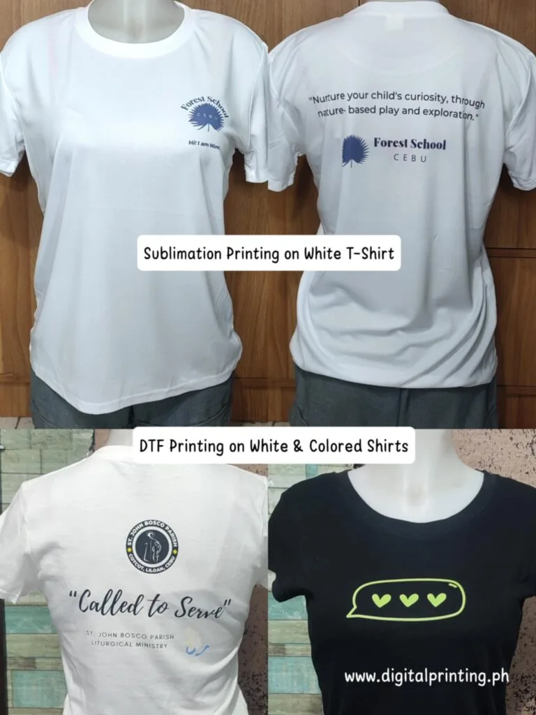 Mannequins showcasing white mesh dri-fit shirts with sublimation print and white & black CVC shirts with DTF print, comparing sublimation vs DTF printing.