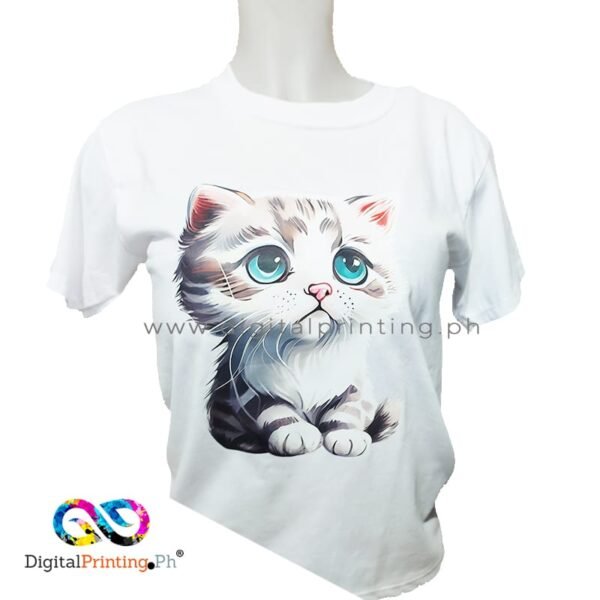 White CVC shirt with cute cat design printed in full color DTF – tshirt printing