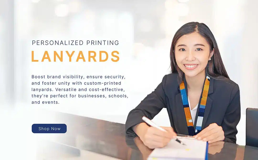 Printing Service – Girl Wearing Personalized Lanyards at Desk Holding a Pen